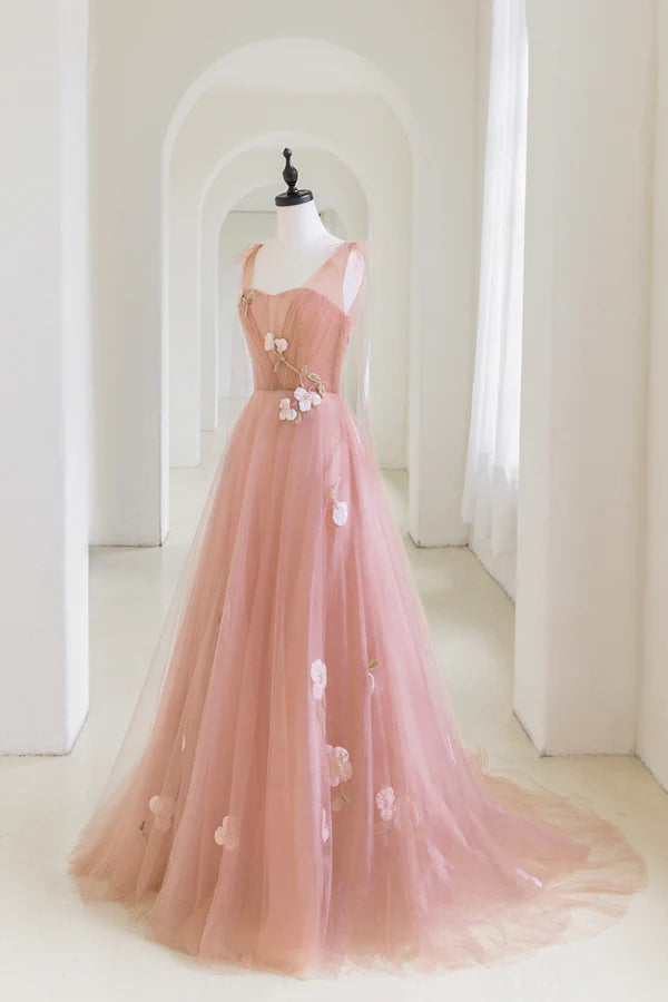 Wholesale Pink Tulle Long A-Line Prom Dress Lovely Pink Evening Graduation Dress